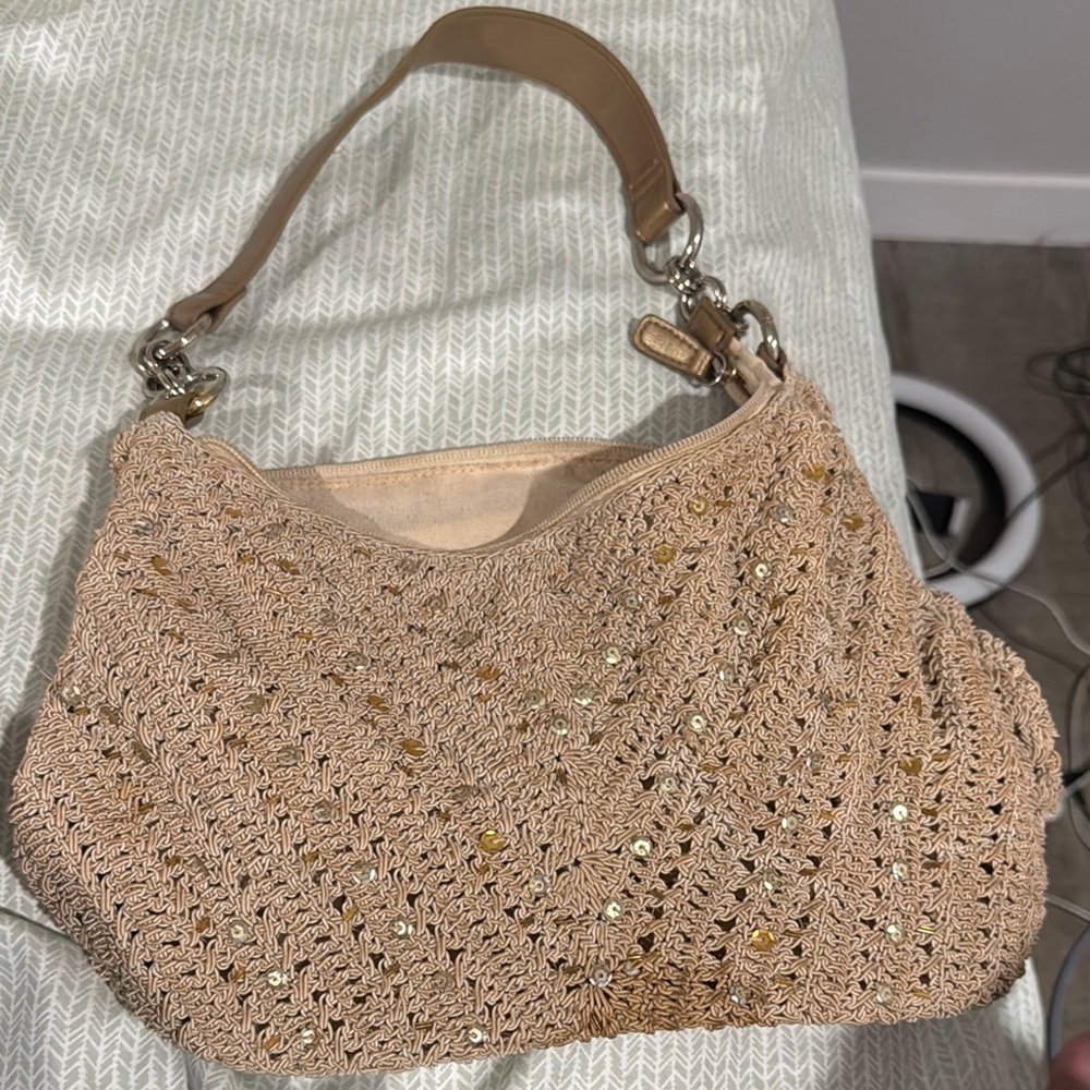 Tan Crochet Shoulder Bag with Adjustable Strap